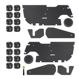 Beat-Sonic DMS-T101 TOON Air Baffle Sound Deadening Kit components including black pre-cut mats, speaker ring mats, vibration-damping material, and a roller tool.