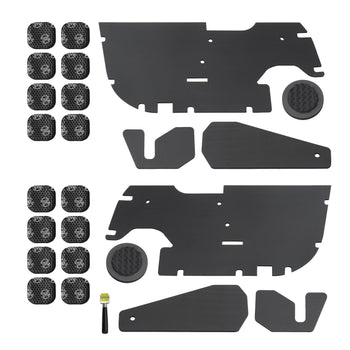 Beat-Sonic DMS-T101 TOON Air Baffle Sound Deadening Kit components including black pre-cut mats, speaker ring mats, vibration-damping material, and a roller tool.