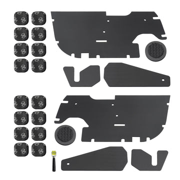 Beat-Sonic DMS-T101 TOON Air Baffle Sound Deadening Kit components including black pre-cut mats, speaker ring mats, vibration-damping material, and a roller tool.