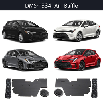 Beat-Sonic DMS-T334 Air Baffle sound deadening kit for 2020+ Toyota Corolla, shown with the door panel mats, speaker rings and foam strips
