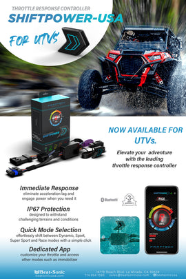 ShiftPower SP70 SP71, SP72 plug-and-play throttle response controller for Can-Am Defender, Maverick X3, Commander, Defender, Maverick R, Maverick Sport, Polaris General, Ranger, RZR, Immediate Response, IP67 Protection, Quick Mode Selection, and Dedicated app, Beat-Sonic USA