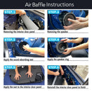 Step-by-step guide on installing an air baffle in a car, with images and text labels.