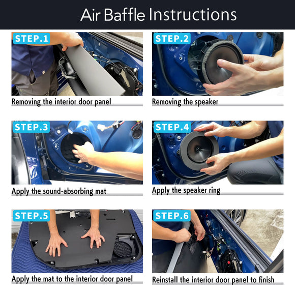 Step-by-step guide on installing an air baffle in a car, with images and text labels.
