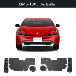 Red Toyota Prius car with DMS-T305 air baffle components displayed below on a white background.