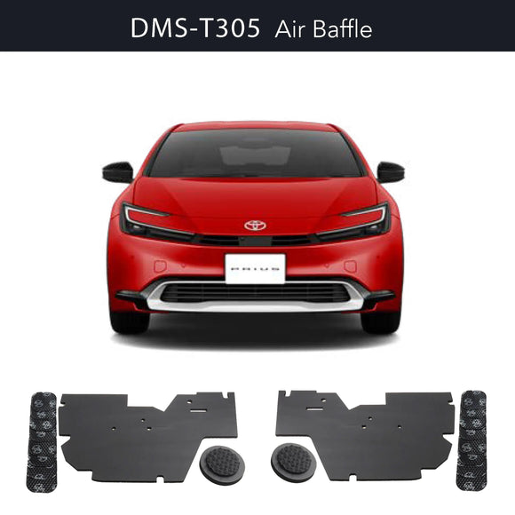 Red Toyota Prius car with DMS-T305 air baffle components displayed below on a white background.